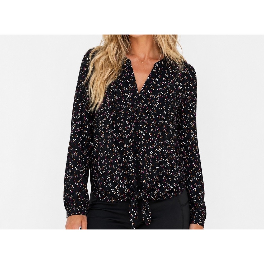 J. Jill Black Floral Tie Front V-Neck Rayon Blouse Top Womens 1X Plus Size